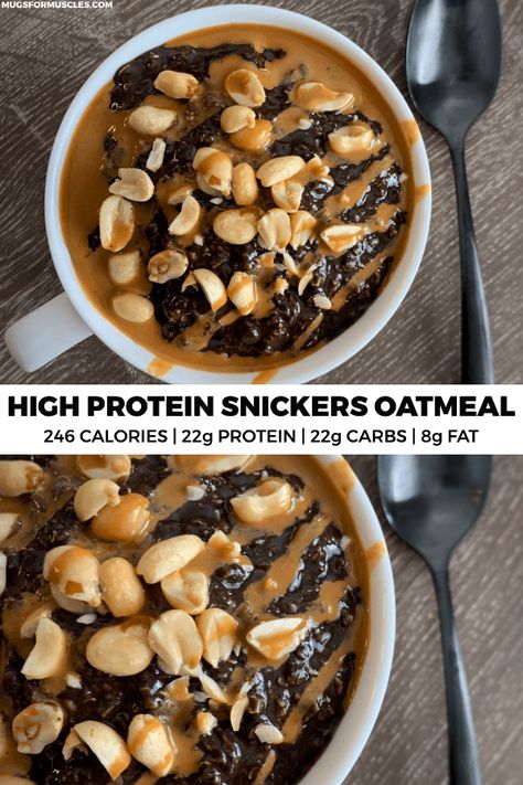 Hearty High Protein Meals, Dessert Oatmeal Bowl, Snickers Overnight Oats Healthy, Chocolate Protein Powder Oatmeal, Macro Oatmeal Recipes, Chocolate Peanut Butter Protein Oats, Snickers Baked Oats, High Protein Low Starch Meals, Snacks With 20 Grams Of Protein