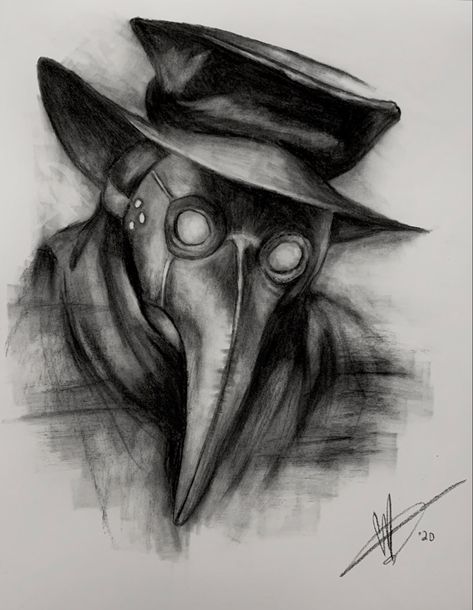 Charcoal on paper. Black Plague Doctor Drawing, Plague Mask Drawing, Plague Doctor Mask Drawing, Plauge Doctor Drawings, Plague Doctor Sketch, Doctor Sketch, Lost Thoughts, Horror Drawings, Black Plague Doctor