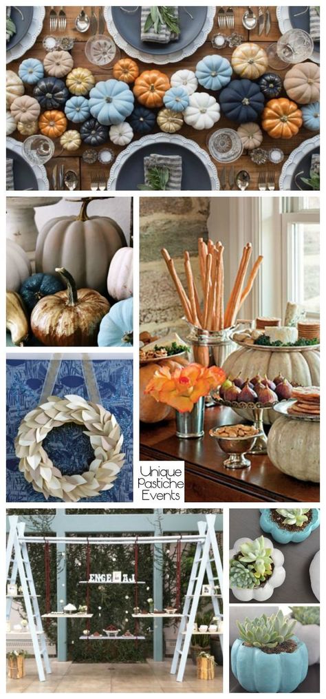 Modern Blue Pumpkin Thanksgiving Decor Ideas – in Light Blue and Navy Blue Blue And Orange Pumpkin Decor, Light Blue Fall Aesthetic, Blue Pumpkin Baby Shower Ideas, Blue Pumpkin Decor, Blue Thanksgiving Decor, Blue Thanksgiving, Thanksgiving Decor Ideas, Blue Fall Decor, Thanksgiving Party Decor