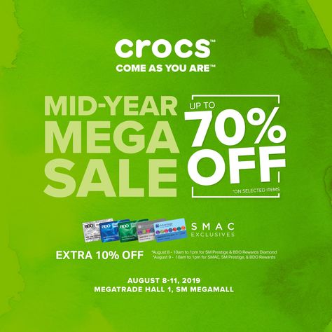 Step into awesome savings and uncover the hottest trends for casual shoes, clogs, flats & more at Crocs Mid-Year Mega Sale 2019! Mid Year Sale Poster, Mid Year Sale, Sm Megamall, Promotional Design, August 8, Hottest Trends, The Prestige, Concept Store, New Work