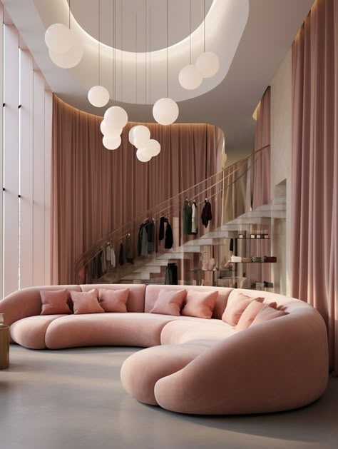 Feminine studio & boutique interior design -big pink sofa inspiration, hugh ceilings, white stairs Monochromatic Pink Room, Feminine Dining Room, Pink And White Interior, Pink Green Room, Luxury Boutique Interior, Pink Airbnb, Boutique Sofa, Zen Interior Design, Monochromatic Room