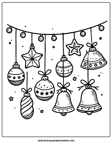 Christmas decorations hanging from a string Christmas Ornaments Coloring Pages, Coloring Pages For Christmas, Pixel Art Noel, Christmas Coloring Pages For Adults, Winter Windows, Christmas Ornament Coloring Page, August Colors, Christmas Coloring Pages For Kids, Xmas Drawing