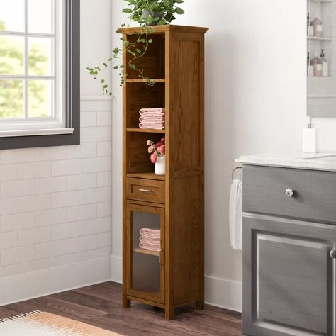 Greyleigh™ Bayard 17" W x 65" H x 13.5" D Free-Standing Linen Cabinet | Wayfair Bathroom Standing Cabinet, Wall Mounted Bathroom Cabinets, Bed Linen Design, Tempered Glass Door, Linen Cabinet, Wall Mounted Cabinet, Storage Towers, Cabinet Shelving, Linen Storage