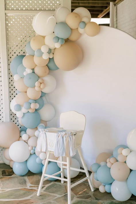 Blue And White 1st Birthday Theme, Modern White Bounce House, Boho Space Theme Birthday, Kids Table And Chairs Birthday Party, First Birthday Backdrop Ideas, Blue And White First Birthday, Blue First Birthday Party, First Birthday Backdrop, Simple First Birthday