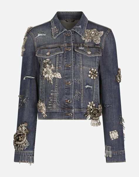 Denim jacket with rhinestone details Designer Denim Jacket, Embellished Denim Jacket, Embellished Clothing, Leather Tag, Embellished Denim, Blue Denim Jacket, Upcycled Denim, Dolce E Gabbana, Denim Details