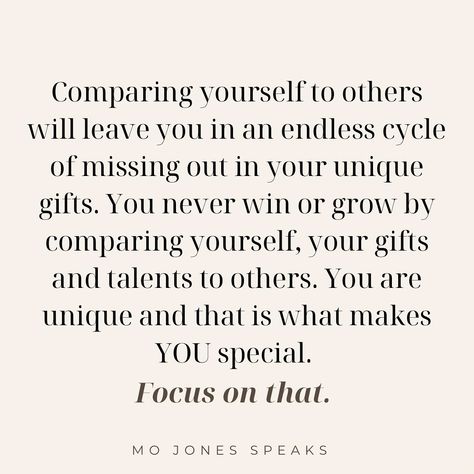 Comparison is the thief of joy. ⁣ ⁣ Comparing yourself to others will leave you in an endless cycle of missing out in your unique gifts. You never win or grow by comparing yourself, your gifts and talents to others. You are unique and that is what makes YOU special. Focus on that.⁣ ⁣ There are so many beautiful parts of you that make you special. Don’t lose sight of that by comparing yourself to others. ⁣ ⁣ You will never be another person. And there will never be anyone like you. But you can... Compare Yourself To Others Quotes, Dont Compare Yourself To Others Quotes, Don't Compare Yourself To Others, Winning Quotes, Comparing Yourself, Dont Compare, Comparing Yourself To Others, Beauty Quotes, Beautiful Quotes