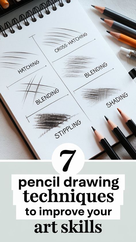 Master the art of pencil drawing with these seven foundational techniques! Whether you're a beginner or an experienced artist, learning methods like hatching, cross-hatching, blending, and stippling can elevate your sketches and drawings to the next level. Discover how each technique can add depth, texture, and dimension to your artwork. Save this guide and start practicing today to watch your drawing skills grow!  #PencilDrawing #ArtTechniques #SketchingTips #DrawingSkills #ArtTutorial Sketching Techniques For Beginners, Cross Hatching Drawing Easy, Basic Sketching For Beginners, Sketch Practice For Beginners, Art Fundamentals Practice, Cross Hatching Drawing, Hatching Techniques, Pencil Drawing Techniques, Pencil Sketch Tutorial