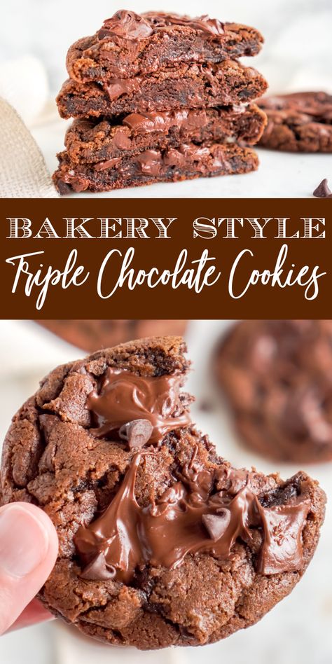 Homemade Bakery Style Triple Chocolate Cookies! Easy Cookies with Chocolate Chunks, Chocolate Chips, and Cocoa! The BEST Chocolate Cookies and SO easy to make! #lemonpeony #triplechocolate #cookies #chocolatecookies #bakerystyle Triple Chocolate Cookies Food Network, Triple Chocolate Nyc Cookies, Chewy Triple Chocolate Cookies, Easy Cookies Chocolate, Triple Chocolate Chunk Cookies, Triple Chocolate Cookies Recipe, Bakers Chocolate Recipes, Chocolate Chocolate Cookies, Chocolate Cookies Recipes