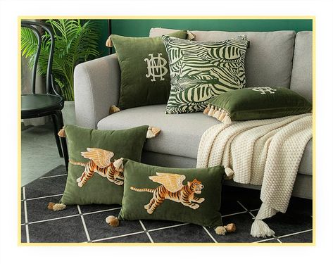 Tiger Wings, Dark Green Sofa, Winged Tiger, Tiger Pillow, Tiger Embroidery, Fun Throw Pillows, Flying Tiger, Green Sofa, Pillow Styling