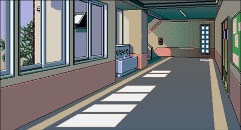 Emi's School hallway being empty School Hallway Drawing Reference, School Hallway Illustration, School Hallway Drawing, Anime Hallway, Hallway Illustration, Pixel Background, Illustrator Character, School Hallway, Pixel Game