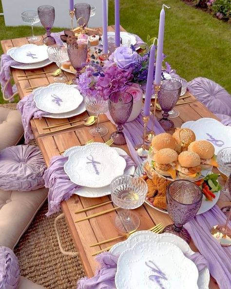 The Bloom Print on Instagram: "A Bloomprint Afternoon Tea🤍💜   We are now offering limited food again starting with an intimate afternoon tea, and how good does it look😍   Seat at the table anyone?🤭  Food & Seteup: @thebloomprintco  Signage: @cut.to.the.trace   • • • • •  #birthdaysetup#eventdecor#thebloomprint#firstbirthday#birthdayinspo#babybirthdaysetup#birthdaygirl#babygirl#fauxflowersetup#luxuryeventdecor#bespokeevents#bespokedecor#bridalshower#bridalshowerinspo#babygirl#babyshower#babyshowerinspo#birthday#cloudtheme#teddybear#babyshowerideas#flowerdecor#ohbaby#weddinginspo#bettertogether#weddingsetup#weddingdecor#theeventcollectivex#birthdayparty#tablescape" Purple Tea Party, Purple Dinner Party, 34th Birthday, 24th Birthday, Birthday Dinner Party, Dinner Party Table, Angel Cake, Fiesta Decorations, Birthday Brunch