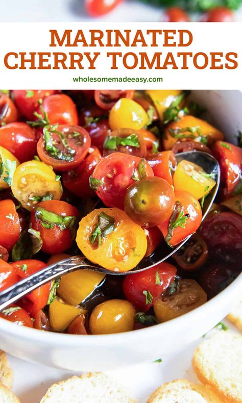 These Marinated Cherry Tomatoes are incredibly easy to make and absolutely packed with flavor. They're a fabulous make-ahead choice for summer entertaining that can be served as an appetizer, tasty side dish, and more! Canned Cherry Tomatoes Recipes, Pickled Cherry Tomatoes Recipe, Cherry Tomatoes Recipes, Tomato Side Dish, Pretzel Appetizers, Marinated Cherry Tomatoes, Tomato Side Dishes, Canning Cherry Tomatoes, Pasta Toppings