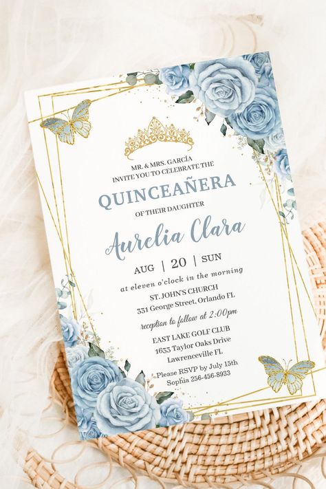 Quinceañera Baby Blue Floral Gold Butterflies 16th Invitation Quinceanera Blue Theme, Blue Butterfly Quinceanera Theme, Butterfly Quinceanera Theme, Blue Quinceanera Theme, Quinceanera Blue, Baby Blue Quinceanera, 15th Birthday Decorations, Quince Party, Quinceanera Theme