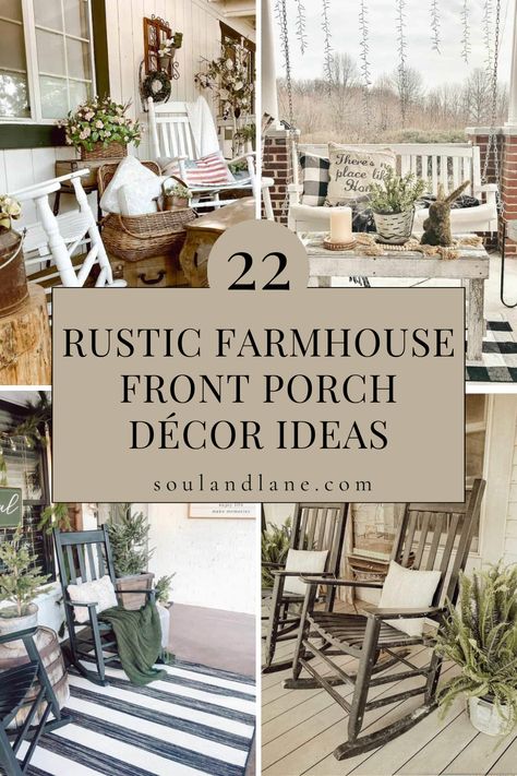 Install a porch swing made from reclaimed wood, complete with cozy cushions for a touch of nostalgia. Arrange a collection of vintage watering cans or farm tools as decorative accents with history and character. A jute or braided rug underfoot adds texture and anchors the space. For a festive look, drape garlands of greenery or fairy lights around the porch perimeter. These decorating ideas channel the timeless appeal of the farmhouse aesthetic, creating a welcoming entrance that’s brimming with Wraparound Porch Decor, Front Porch Rocking Chair Ideas, Wrap Around Porch Decor, Wrap Around Porch Decorating Ideas, Country Porches Farmhouse, Long Front Porch Decorating Ideas, Country Porch Decor, Rustic Farmhouse Front Porches, Rustic Porch Ideas