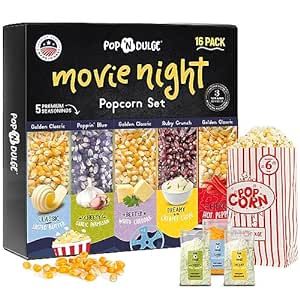 Popcorn Movie Night Supplies Popcorn Kernels and Popcorn Seasoning Set of 16, 5 Gourmet Popcorn Packs and 5 Popcorn Seasoning Variety Pack With 6 Popcorn Bags, Non-GMO Snacks Gift Basket Idea Popcorn Movie Night, Popcorn Gift Basket, Savory Popcorn, Popcorn Movie, Snack Gift Baskets, Movie Night Gift Basket, Movie Night Gift, Movie Night Popcorn, Movie Popcorn