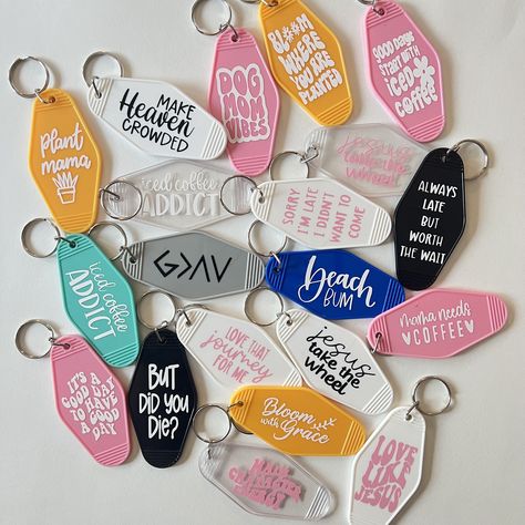 These retro-style hotel keychains make the perfect accessory! We offer many designs and color so that you will find something to you're liking! *KEYCHAIN COLOR OPTIONS*  pink, clear, teal, yellow, black, blue, and white  * TEXT COLOR OPTIONS* white, black, and pink.  See a design on one of our other products you love?  Message us if you want any of our designs we offer on a keychain! Hotel Tag Keychain, Hotel Key Chains Diy, Bachelorette Keychains, Trending Keychains, Keychain Svgs, Hotel Keychain Ideas, Hotel Keychain Design, Keychain Hotel, Cricut Keychain Ideas