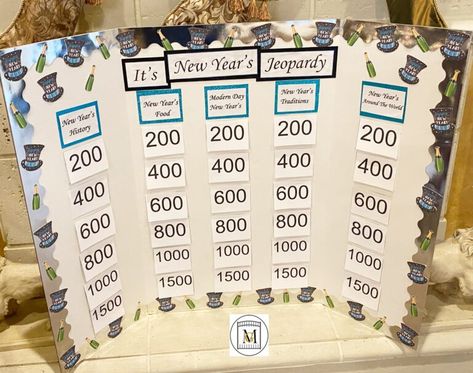 DIY · Major Gates Jeopardy Board, Christmas Jeopardy, Games Group, Jeopardy Game, Around The World Food, New Year's Party, New Years Traditions, Cut And Glue, New Year's Food