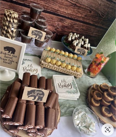 Bear Camping Birthday Party, Bear Theme Party Food, First Birthday Boy Woodland Theme, Woodland Dessert Table Ideas, One Happy Camper Dessert Table, Adventure Baby Shower Food, Wilderness Themed Birthday Party, Moose Birthday Party, One Wild Adventure 1st Birthday