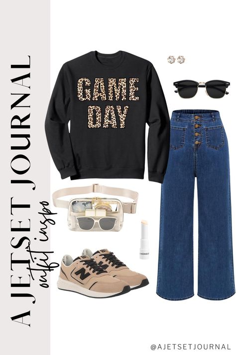 Stay chic at the game with these game day outfits for women! From fun graphic crewnecks to the perfect pair of game day outfits leggings or game day outfits jeans, these looks will have you looking your best. Whether you're cheering on the team in the summer or braving cold weather, these outfits are ideal for every season. Don't forget the trendy accessories like sunglasses and clear bags! Game Day Winter Outfit, Black Hoodie For Game Day In Winter, Game Day Crew Sweater For Winter, Casual Sweatshirt For Game Day In Fall, Casual Game Day Sweater, Game Day Casual T-shirt For Spring, Game Day Outfits For Women, Outfits Leggings, Jeans And Vans