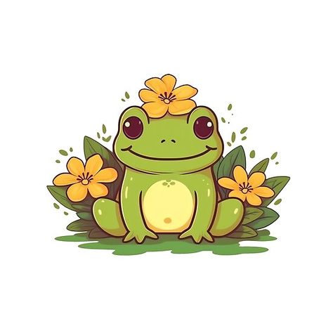 Cute Cottagecore Frog in Summer Flowers Animated Frog Tattoo, Animated Frog Drawings, Cute Frog Kawaii, Frog With Flower Hat Drawing, Cartoon Frog Painting, Drawing Frog Cute, Animals With Flowers Drawing, Cute Animal Pictures Cartoon, Frog With Crown Drawing