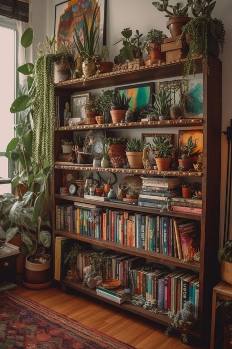 Maximalist Bookshelf, Boho Bookshelf, Organiser Cucina, Kitchen Home Decor, Home Decor Living Room, Dream Room Inspiration, Decoration Inspiration, Home Library, Room Inspiration Bedroom