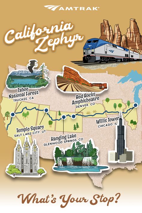 An illustrated map of five top stops along the California Zephyr route. The top right has an illustrated P42 train in front of red rocks. The main section of the map shows the outline of the United States with the seven states along the route highlighted. A blue line runs from Chicago to Los Angeles, and there are five dots highlighting the top destinations: Chicago, IL; Denver, CO; Glenwood Springs, CO; Salt Lake City, UT; Truckee, CA. Each top stop has an illustrated "sticker" of the location. Zephyr Train, Miss Incredible, Savings For Kids, Amtrak Travel, Train Vacations, Truckee River, America California, Donner Lake, California Zephyr