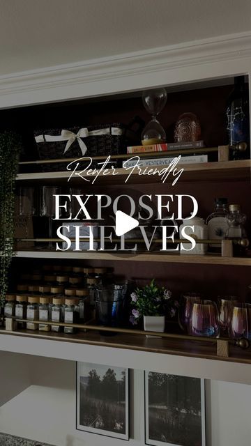 Rachel | Rental Friendly Decor & DIY on Instagram: "Start to finish of my renter friendly exposed shelves in my kitchen! 🍷 This is definitely one of my favorite projects to date, makes me so happy every time I walk into my kitchen 😌

Renter-Friendly Kitchen Makeover
DIY Open Shelving Ideas
Affordable Kitchen Styling Tips

#RenterFriendlyHacks
#DIYKitchenMakeover
#OpenShelvingTransformation" Shelves On Side Of Kitchen Cabinet, Open Kitchen Cabinets Ideas, Rental Friendly Decor, Renters Kitchen, Appliance Makeover, Kitchen Shelves Styling, Rental Bathroom Makeover, Diy Open Shelving, Renter Hacks