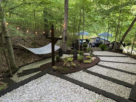 Wooded Backyard Landscape Ideas Walkways, Steep Lakeside Landscaping, Creek Bridge Ideas, Sloped Front Yard Landscaping, Backyard Campsite, Hillside Steps, Bridge Over Creek, Wooded Yard, Wooded Backyard Landscape