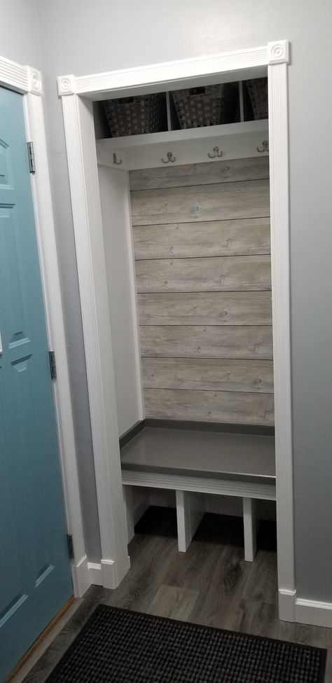 Closet Behind Front Door, Behind The Door Storage Entryway, Small Front Door Closet Ideas Entryway, Small Hallway Closet Makeover, Entryway Closets, Small Front Closet Ideas, Small Closet Mudroom Entryway, Front Door Closet, Small Entry Closet Makeover