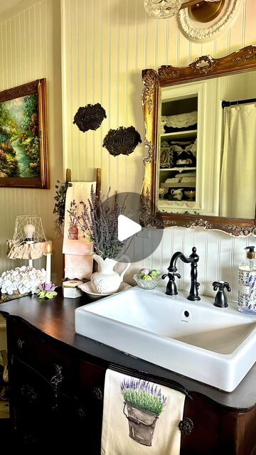 Trisha Hiatt ~ French Country Decor~ Seasonal Decor on Instagram: "Bathroom Tour!! ⚜️ Happy Tuesday, my friends! I have not shared my guest bath in a minute so I thought I’d share how it’s decorated for summer! I love lavender so there’s a lot of it sprinkled around! I recently thrifted the little purple rose Capidemonte candle holder- my friend pointed out it’s Italian and that she collects them, so of course, now I have to, also! It was $1 and I told her I don’t use purple in my home and then realized my entire guest bathroom has purple accents! 😆   Also, I’m so excited to start Bridgerton! I am finishing Emily in Paris soon so I will start it after! I only watch one or two shows a day, I’m not a big tv watcher! I finished Friends about a month ago and it took me six months to watch all Happy Tuesday Fall, Bathroom Tour, Instagram Bathroom, Big Tv, White Pitcher, French Country Decor, Pumpkin Lights, Purple Accents, Orange Pumpkin