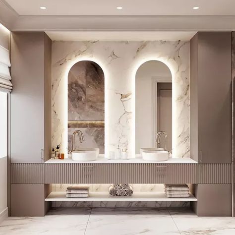 Modern His And Her Bathroom, Double Sink Floating Bathroom Vanity, Double Ensuite Bathroom Ideas, Luxury Double Vanity Bathroom, 3 Sink Vanity, Floating Vanity Master Bath, Luxury Modern Bathroom Master Baths Floating Vanity, Modern Floating Bathroom Vanity, Double Sink Bathroom Vanity One Mirror