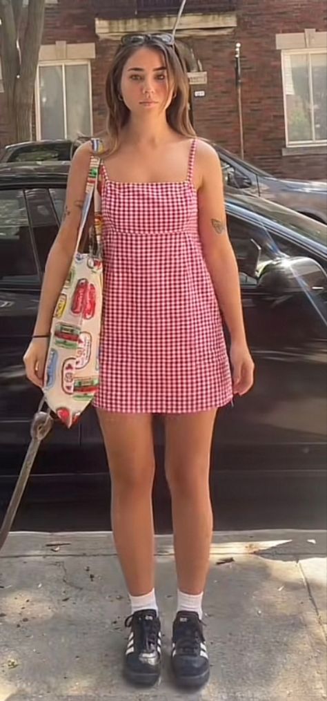 Red Gingham Dress Outfit, 90s Denim Dress Outfit, Gingham Dress Aesthetic, Summer 2025 Outfits, Gingham Dress Outfit Summer, Ashe Concert, Seaside Outfits, College Summer Outfit, Hot Day Outfit