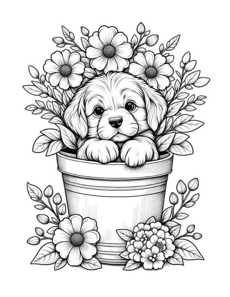 Flower Colouring Pages, Card Making Flowers, Puppy Coloring Pages, Free Puppies, Unicorn Coloring, Spring Coloring Pages, Adult Coloring Designs, Detailed Coloring Pages, Dog Coloring Page