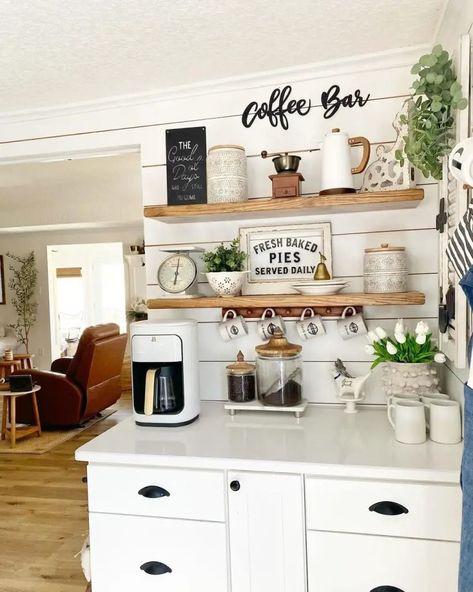 40 Amazing Home Coffee Bar Ideas - Home Soils Dining Room Buffet Styling, Home Coffee Bar Ideas, Coffee Bar Ideas Kitchen Counter, Coffee Station Ideas, Magnolia Decor, Coffee Counter, Coffee Bar Station, Coffee Bar Ideas, Farmhouse Coffee Bar