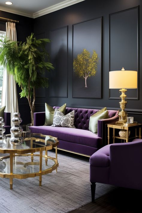 Green and Purple Color Scheme Ideas: Gold-Accented Furniture in a Luxurious Living Room Green Walls Purple Couch, Purple Painted Bedroom Ideas, Emerald Green And Purple Living Room, Gold Purple Green Color Palette, Color Wheel Matching, Navy Room Decor, Living Room Purple, Purple Accent Chair, Purple Living Room Ideas