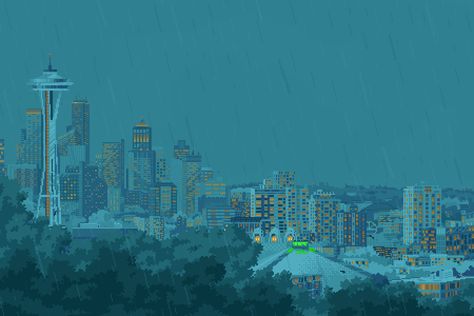 ArtStation - kerry park - rainy City Pics, Pixel Art Landscape, Pixel Art Background, Pixel Animation, Anime City, Arte 8 Bits, 8bit Art, Cool Pixel Art, Amazing Gifs