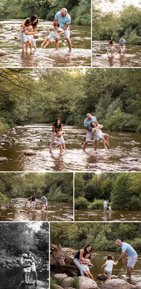 family photo session splashing in creek at local burlington ontario park by hope and salt photography Creek Session, Farm Family Pictures, Sunset Family Photos, Outdoor Family Photoshoot, Fun Family Pictures, Family Maternity Pictures, Summer Family Pictures, Big Family Photos, Fun Family Photos