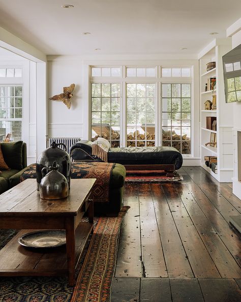 Historic New England, Timber Beams, Steel Columns, Wide Plank Flooring, New England Homes, New England Style, Floor To Ceiling Windows, A Living Room, Home Decor Ideas