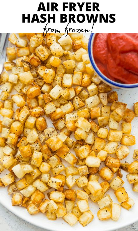 These air fryer hash browns are the best! They're cooked from frozen and so easy to make. These diced potatoes are so crispy and so delicious! Frozen Hashbrowns, Frozen Potatoes, Frozen Breakfast, Hashbrown Recipes, Air Fryer Oven Recipes, Diced Potatoes, Air Fryer Dinner Recipes, Hash Brown, Hash Browns