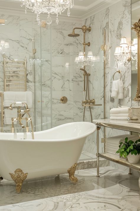 Step into Luxury: Elegant Vintage Bathroom Design with Clawfoot Tub & Gold Accents Gold Bathroom Accents, Modern Bathroom Tiles Design Ideas, French Bathrooms, French Provincial Bathroom, Modern Bathroom Tiles, Bathroom Tiles Design, Bathroom Tiles Design Ideas, Vintage Bathroom Ideas, European Bathroom