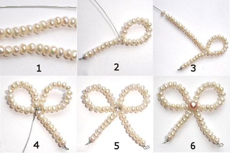 Pearl Beaded Jewelry Ideas, How To Make A Bow Necklace, Beaded Ribbon Tutorial, How To Make Bow With Beads, Beaded Bow Necklace Diy, Bow Beads Tutorial, Pearl Bow Tutorial, Diy Beaded Bow, Beaded Bow Necklace Tutorial