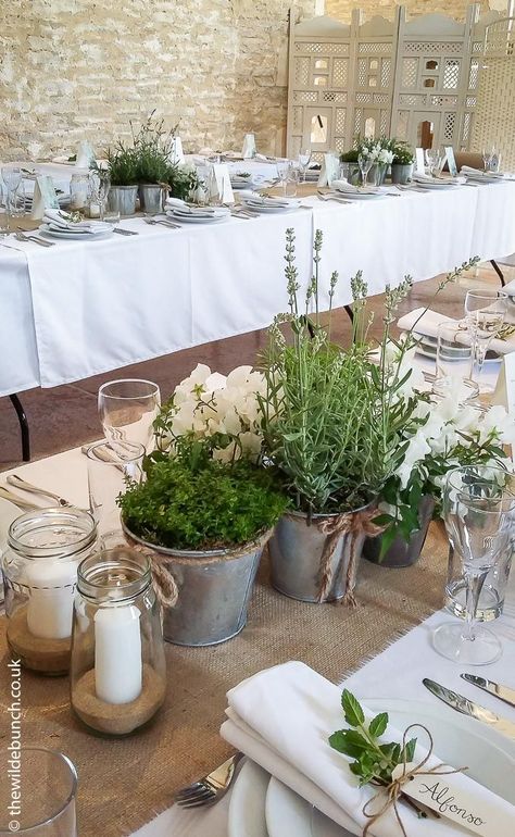 Wedding Table Plant Pots, Wedding Table Decorations Natural, Herb Themed Party, Herbs Table Decoration, Wedding Herbs Decoration, Potted Herbs Wedding Centerpiece, Herb Table Centerpieces, Herb Centerpiece Wedding, Barn Wedding Table Setting