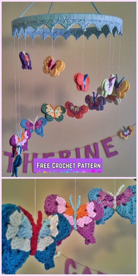 Crochet Butterfly Mobile Free Pattern Crochet Baby Mobiles, Boy Mobile, Crochet Butterfly Pattern, Baby Boy Mobile, Butterfly Mobile, Crochet Mobile, Crochet Mandala Pattern, Crochet Wall Hangings