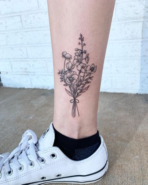 Wild Flower Bouquet Sketch, Flower Bouquet Tattoo Leg, Wild Flower Bouquet Tattoo, Wild Flower Tattoos, Wildflower Bouquet Tattoo, Delphinium Tattoo, Tattoo Bouquet, Cowboy Boot Tattoo, Iris Bouquet