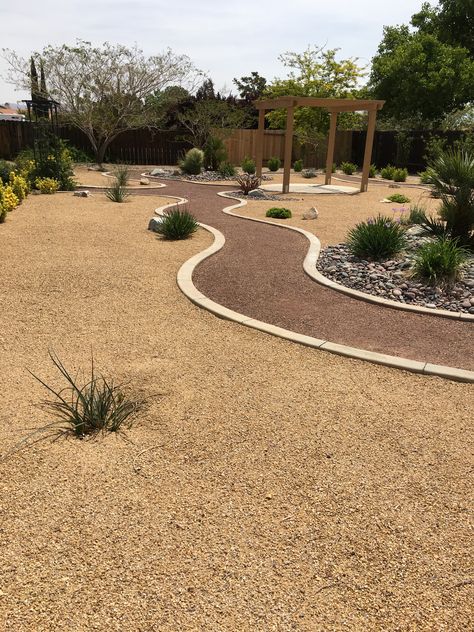 Large Yard Xeriscape, Xeriscape Backyard California, Dirt Landscape Ideas, Desert Landscape Design Plans, Southwest Backyard Landscaping, Backyard Desert Landscaping Designs, Dg Landscaping Backyards, Front Yard Desert Landscaping Design, Desert Style Landscaping