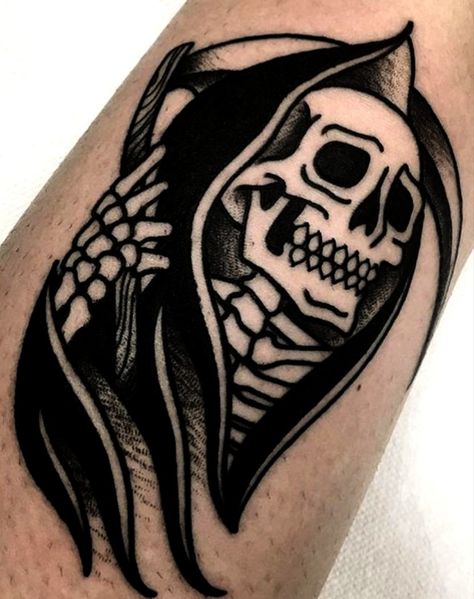 Small Grim Reaper Tattoo Simple, Dark American Traditional Tattoo, Trad Skull Tattoo, Traditional Skull Tattoo Design, Boba Tattoo, Dark Traditional Tattoo, Traditional Reaper, Skull Traditional Tattoo, Traditional Skull Tattoo