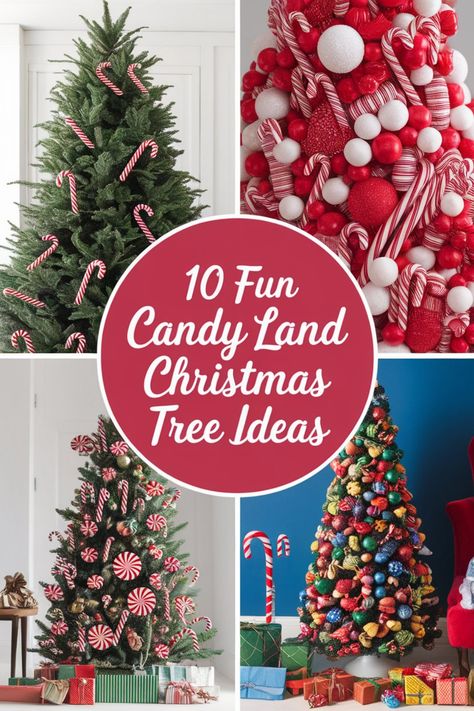 10 creative Christmas tree ideas inspired by Candy Land, featuring festive decorations like candy canes and colorful ornaments. Christmas Candy Tree Ideas, Candyland Tree Decorating Ideas, Candy Christmas Party, Candy Trees Ideas, Candy Trees Christmas, Candy Land Christmas Tree Ideas, Diy Candy Christmas Decorations, Candy Land Tree, Candy Themed Christmas Tree