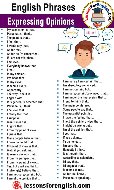 English Phrases – Expressing Opinions I am sure / I am certain that … I’m absolutely convinced… I am not certain, but… I am sure/certain/convinced that… I am under the impression that … I tend to think that… The main points are… Some people say that… The essential point is… I have the feeling that … I hold the opinion/ view that … I might be wrong but… I’m of the opinion that… I bet that… If you ask me… My conviction is that… Personally, I think… The point is that… I feel that… I would say ... In My Opinion Synonyms, Giving Opinions English, Speaking Phrases English, Useful English Phrases, Expressing Opinions In English, Expressing Opinion, Speaking Phrases, Opinion Words, Phrases English