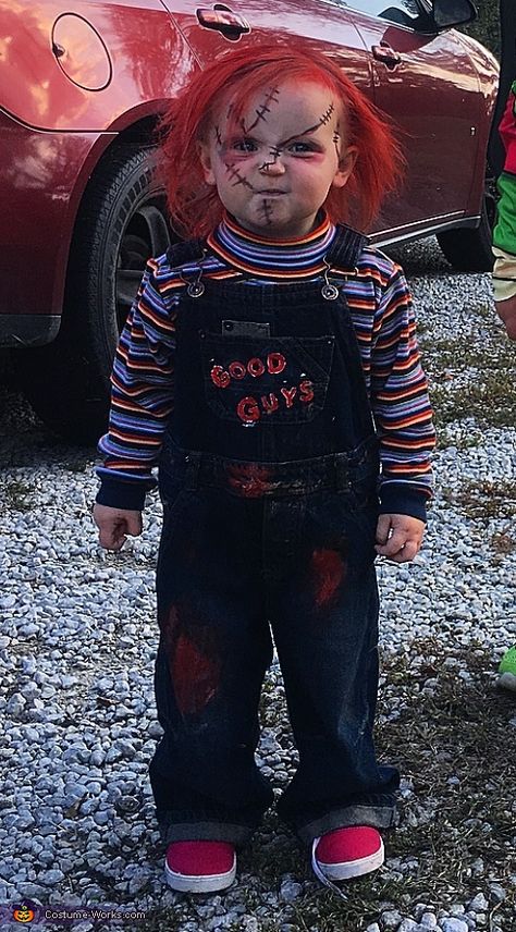 Chucky Costume | No-Sew DIY Costumes Chucky Hair Color, Scary Kid Costumes, Diy Chucky Costume Kids, Chucky Baby Costume, Kids Chucky Costume, Baby Chucky Costume, Halloween Costume Chucky, Chuckie Costume, Toddler Chucky Costume