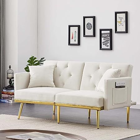 WUYASON Convertible Velvet Futon Sofa Bed with 2 Pillows and Storage Pocket, Folding Lovesest Sleeper Couch with 3 Adjustable Backrest Angle for Living Room Apartment Bedroom Office (White) Pink Velvet Sofa, Velvet Sleeper Sofa, Loveseat Sleeper Sofa, Velvet Sofa Bed, Modern Sofa Bed, Futon Sofa Bed, Convertible Sofa Bed, Futon Sofa, Comfortable Sofa